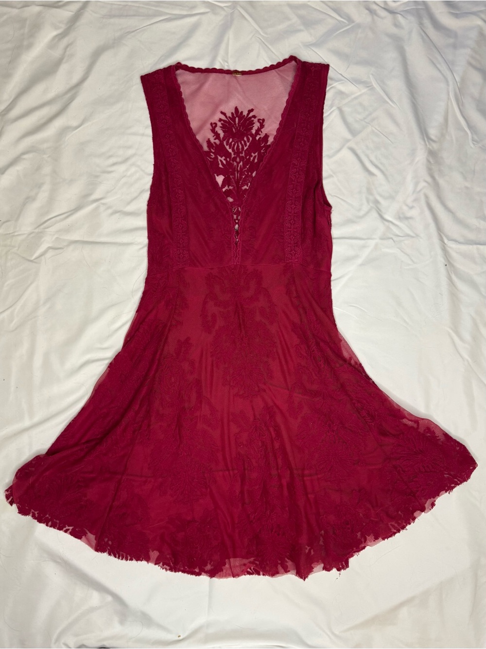 Free People Maroon Floral Lace Mesh Boho Mini Dress Size S 🌹